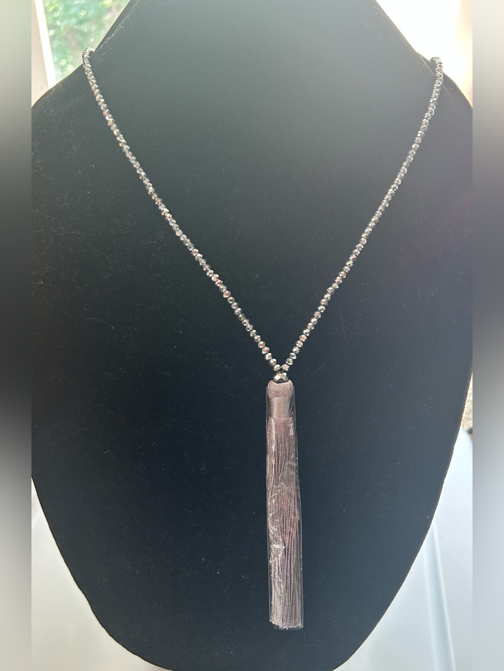 Gunmetal Beaded Long Necklace with Grey Silk Tassel Pendant - Picture 7 of 7
